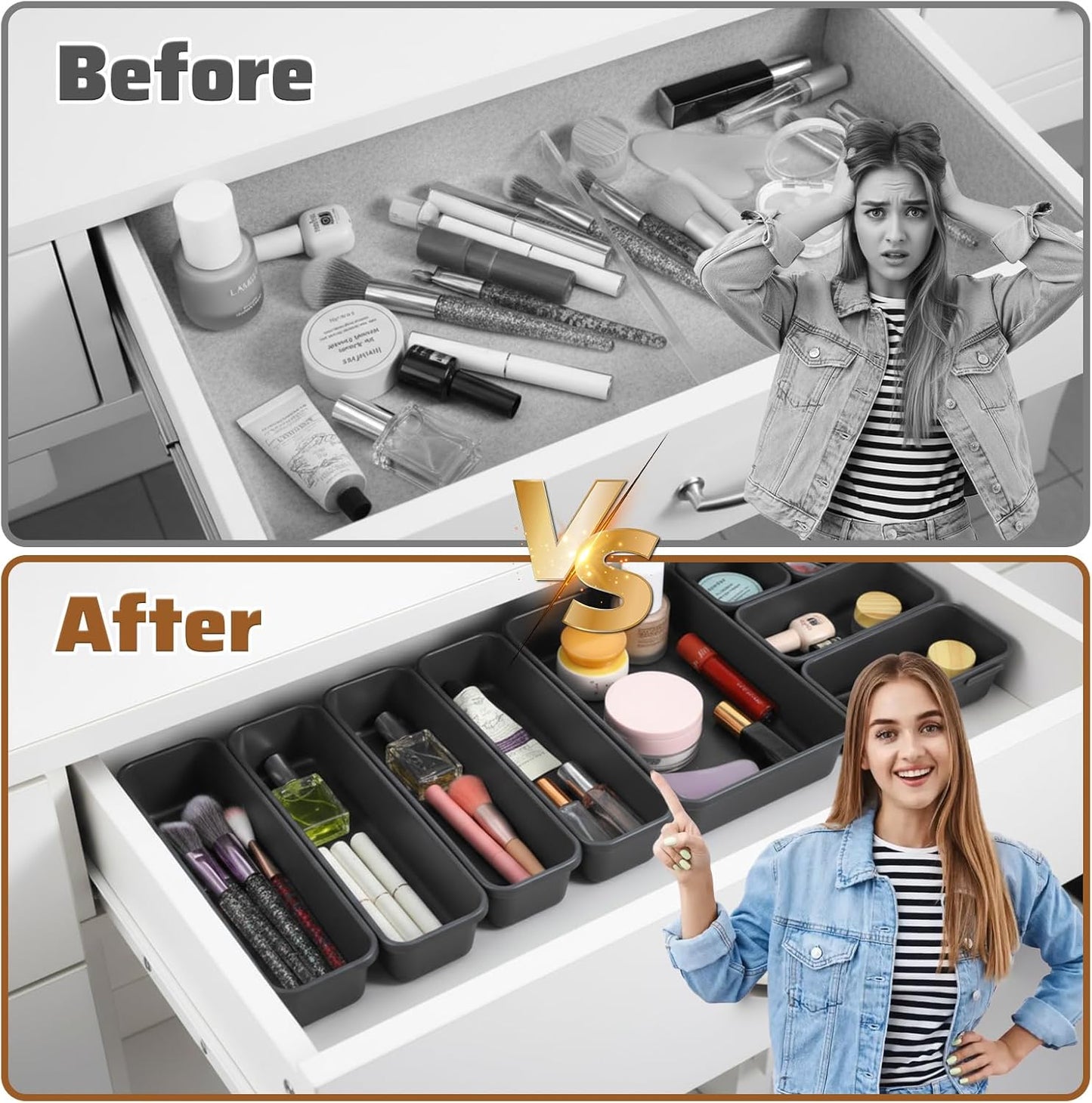 9 Pcs Stackable Drawer Organizer Trays Set, Versatile Desk and Vanity Drawer Organizer Trays, Storage Bins for Makeup, Bathroom, Bedroom, Kitchen and Office Stackable Storage Trays