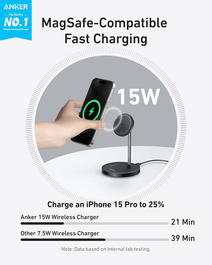 Anker MagSafe Compatible MagGo Charger Stand, iPhone 17 Wireless Charger, 2-in-1 Charging Station, Qi2 Certified 15W Fast Charging, for iPhone 17/16/15/14/13/12, AirPods Pro (Black, No Adapter)