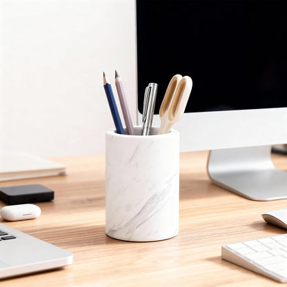 WORHE Pen Holder Stand Italy Natural Premium True Marble Makeup Brush Holders, Tableware Organizer Desk Pencil Cup for Home Office School Decor Dark Grey (DL012)