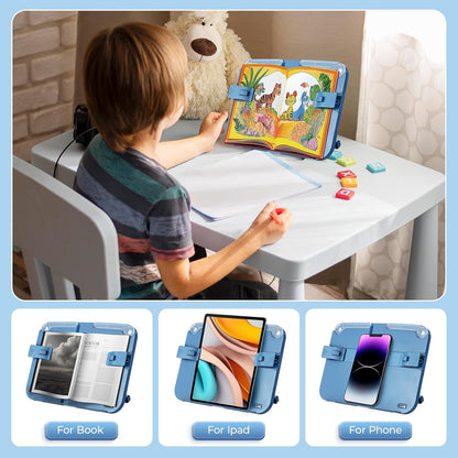 M&G Book Stand Adjustable Book Holder, Hands Free Book Display Stand Cookbook Stand with Page Paper Clips, Portable Reading Rest Desk Bookstand for Textbooks, Magazines, iPad (Blue)