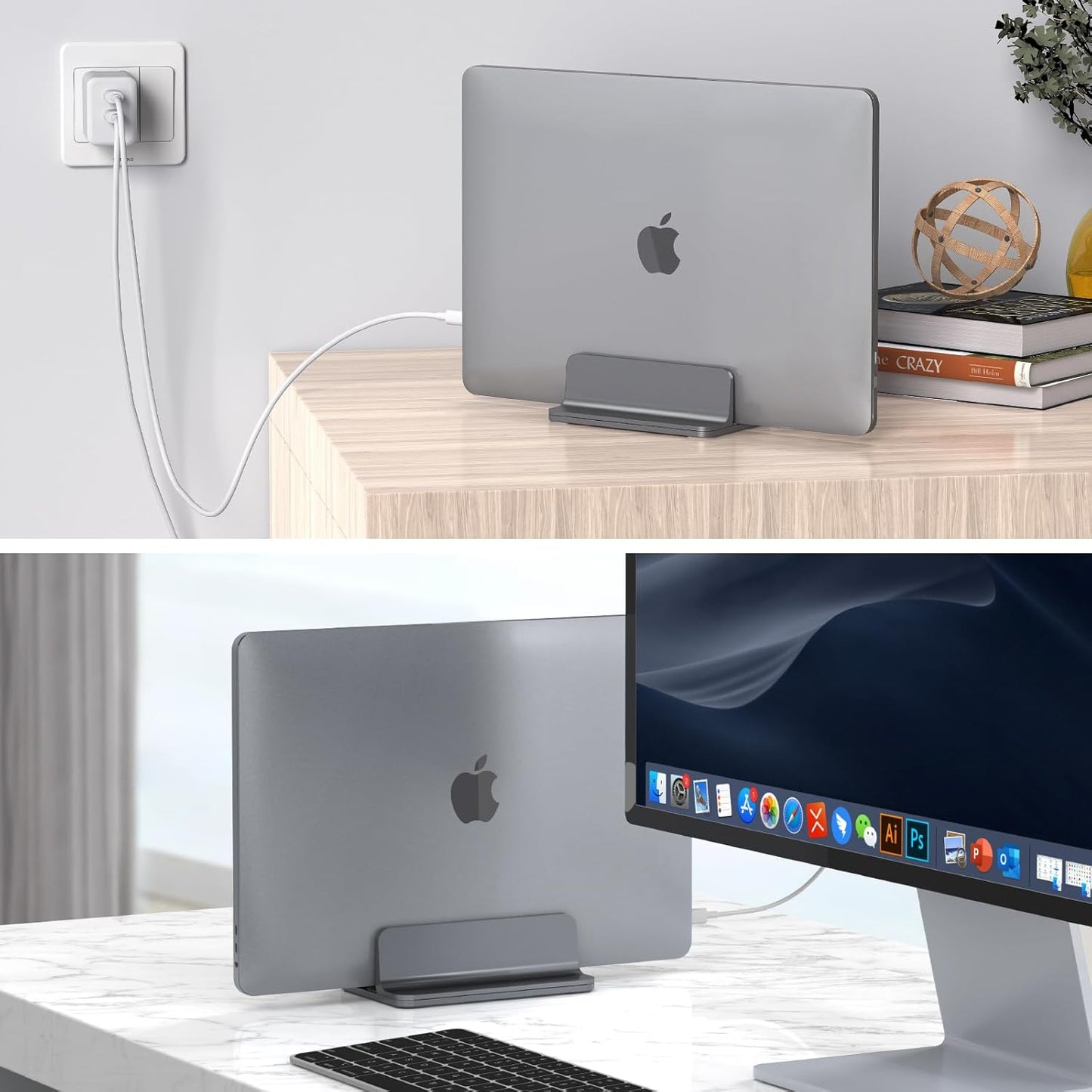 YICOSUN Aluminum Vertical Laptop Stand for Desk - Adjustable Width Dock for MacBook, Surface, Samsung, HP, Dell up to 17.3 inches - Space-Saving & Protective Design - Gray