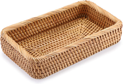 Hipiwe Key Basket Tray for Entryway Table Rattan Serving Tray Handwoven Wicker Baskets Vanity Trays Square Decorative Fruit Trays for Kitchen Counter Bedside Living Room Bathroom, 8.1"