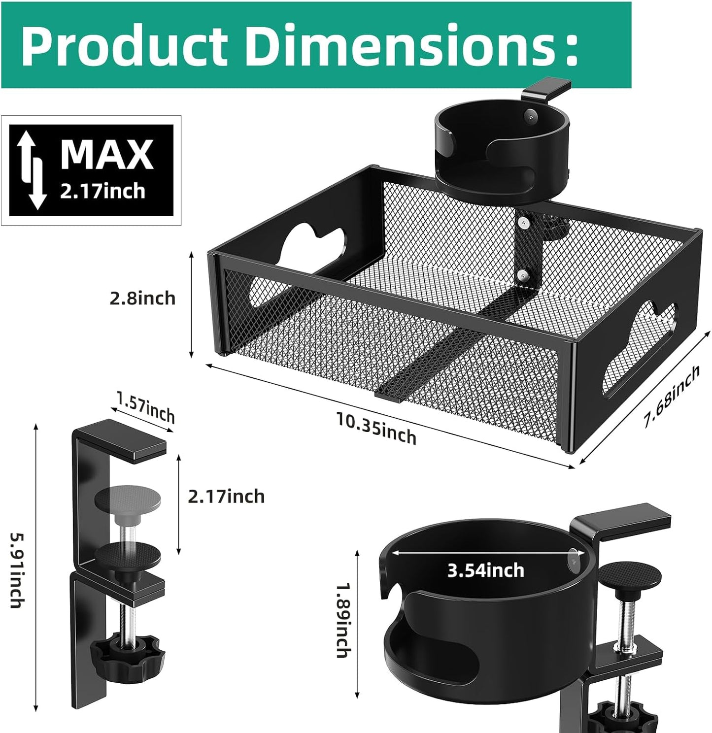 CABTE Desk Cup Holder with Drawer Organizer, Anti-Spill Clip-On Table Cup Hook with 360° Rotation Hidden Storage Box for Office Home Gaming Table (Black)