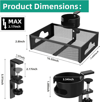 CABTE Desk Cup Holder with Drawer Organizer, Anti-Spill Clip-On Table Cup Hook with 360° Rotation Hidden Storage Box for Office Home Gaming Table (Black)
