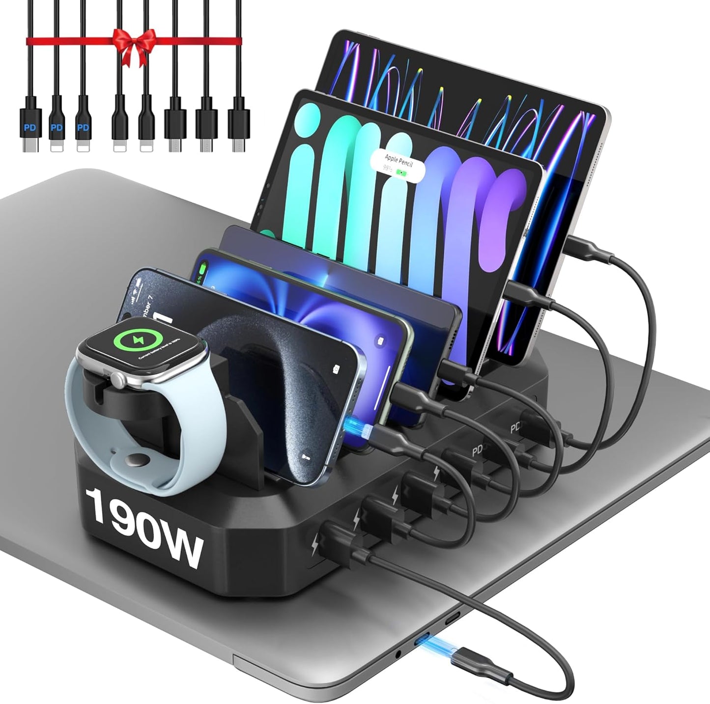 [2026 Upgrade] 190W Fast Charging Station for Multiple Devices【Certified Safer Charging】 6 Port USB Charger Station - Multi-Device Charging Dock with Phone/MacBook/iPad/Tablet (8 Mix Cables Included)