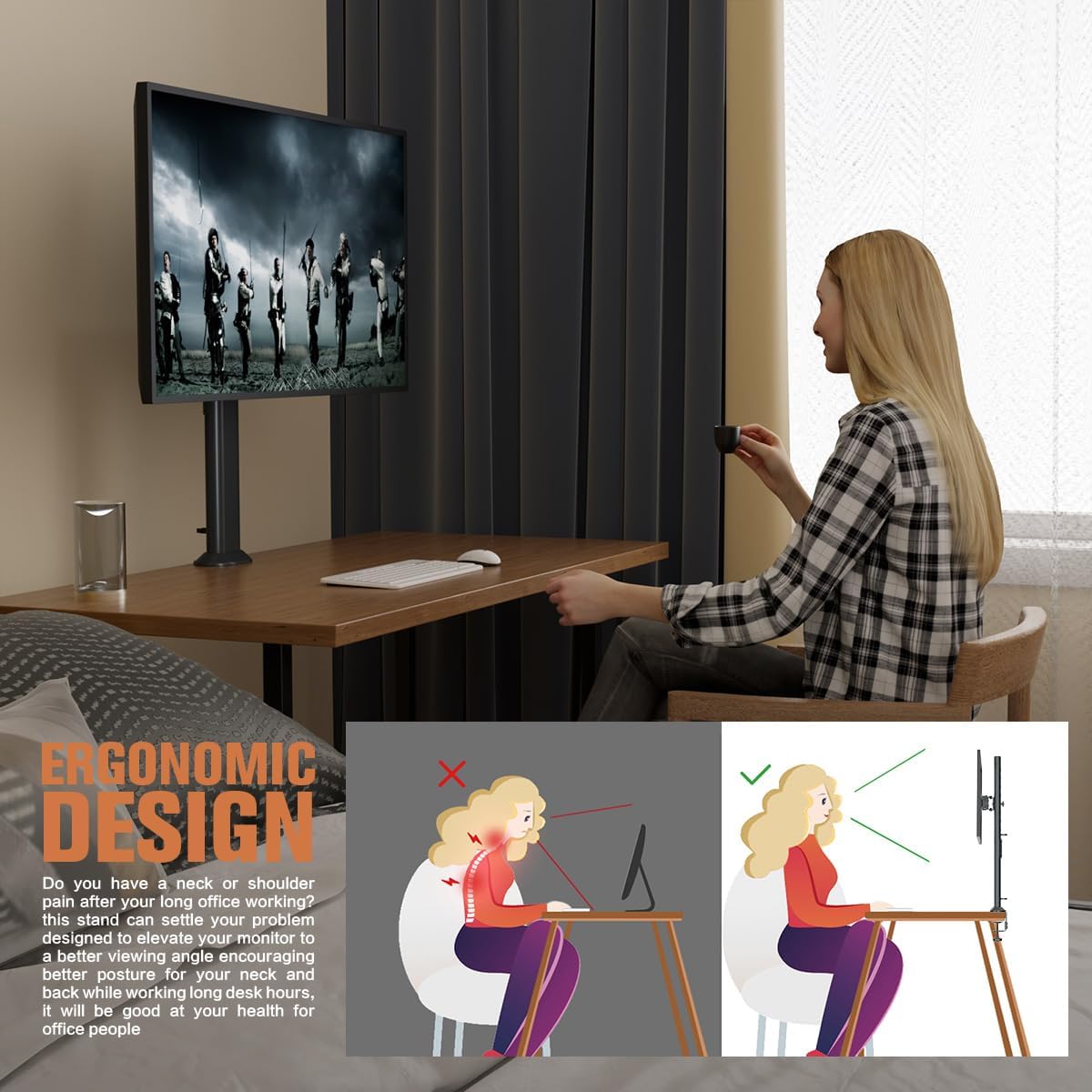 HEMUDU Single Desk Monitor Arm Mount Stand Fit for 13 inch to 32 inch Flat Curved Computer Screen with Swivel, Height Adjustable, Rotation,Holds up to 77lbs, Black