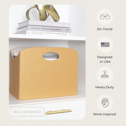BLU MONACO Brown Woven Leather Magazine Holder Basket with Handles | Vertical File Organizer for Desk | File Folder Storage Bin for Office, Living Room or Bathroom