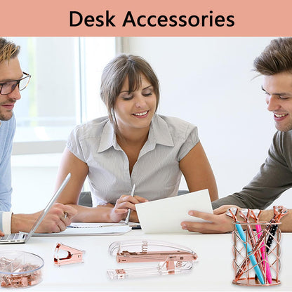 suniya Office Supplies,Gold Desk Accessories,with Stapler,Tape Dispenser,Pen Holder,Scissors,Phone Stand,Staple Remover,Ballpoint Pen,Clear Tape, Staples,Ruler,Clips,Best Gift for Business or Boss