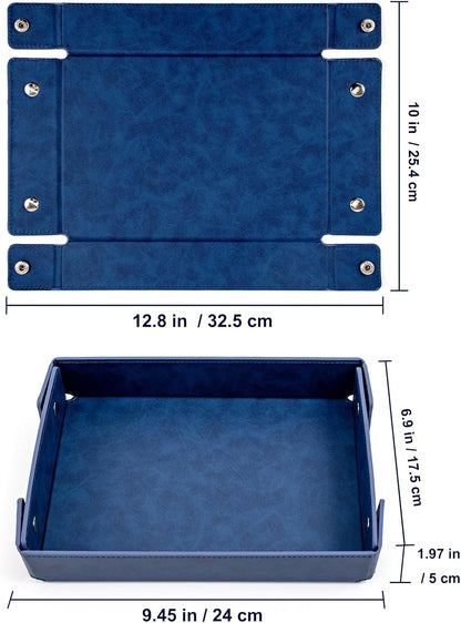SANQIANWAN PU Leather Valet Tray Small NightStand Bedside Entry Table Trya for Phone Jewelry Glasses Keys and Coins Father's Day Birthday Gifts (Blue)