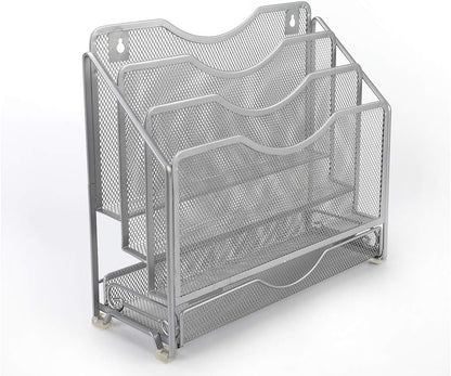 EasyPAG Mesh Desk Paper Organizer Wall Hanging File Holder with 3 Upright File Organizer and Sliding Drawer,Black