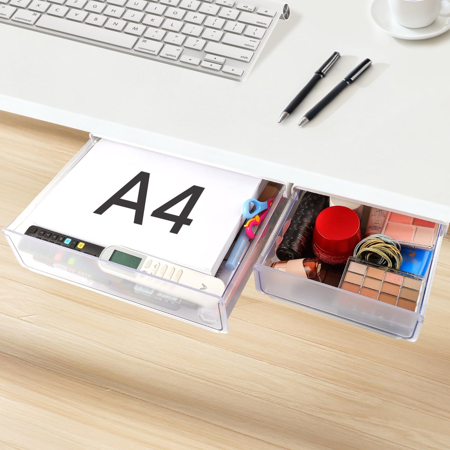 Self-adhesive Under Desk Drawer Organizer, 2 Pack Table Hidden Slide Out Large Storage Mounted Desktop Pencil Holder Tray Drawers for Office Home School Stationery Kitchen (Large, White)