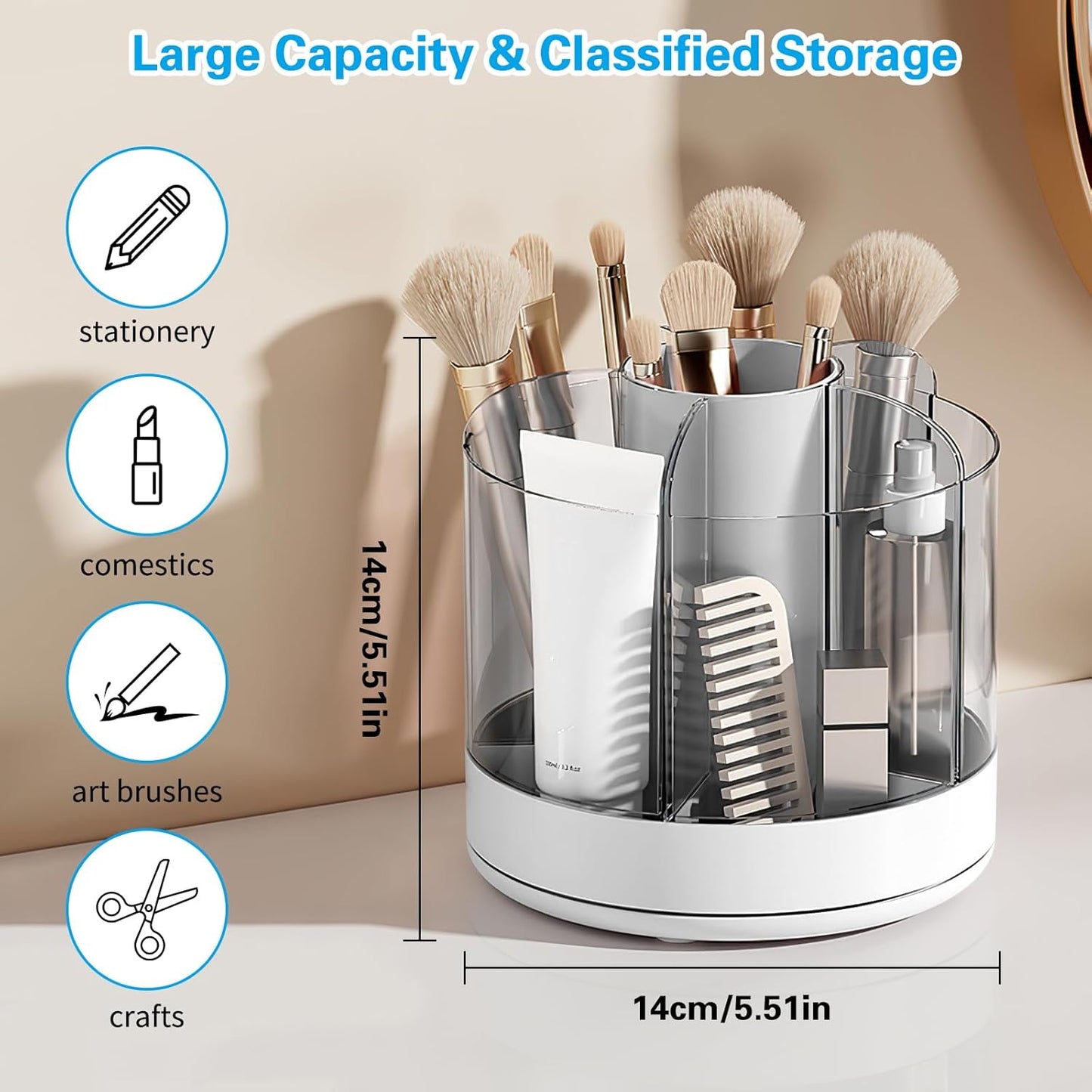 Marte Vanci 360 Degree Rotating Pen Pencil Holder Desk Stationery Organizer Tidy Organizer for Pencil Makeup Painting Brush Cosmetic Craft Storage Bin Pen Pot for Home Office School 6 Slots White