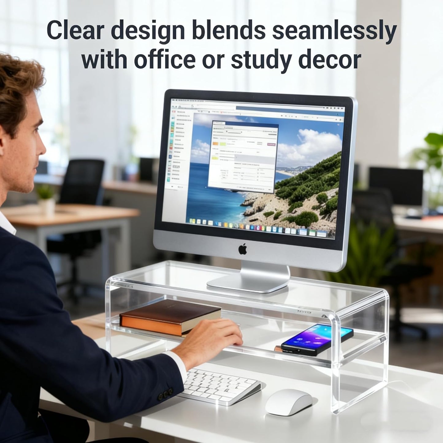 Acrylic Monitor Stand, 2 Tier Riser with Storage Shelf, Clear, 16/20 Inch, Home Office Desk Organizer (16in)