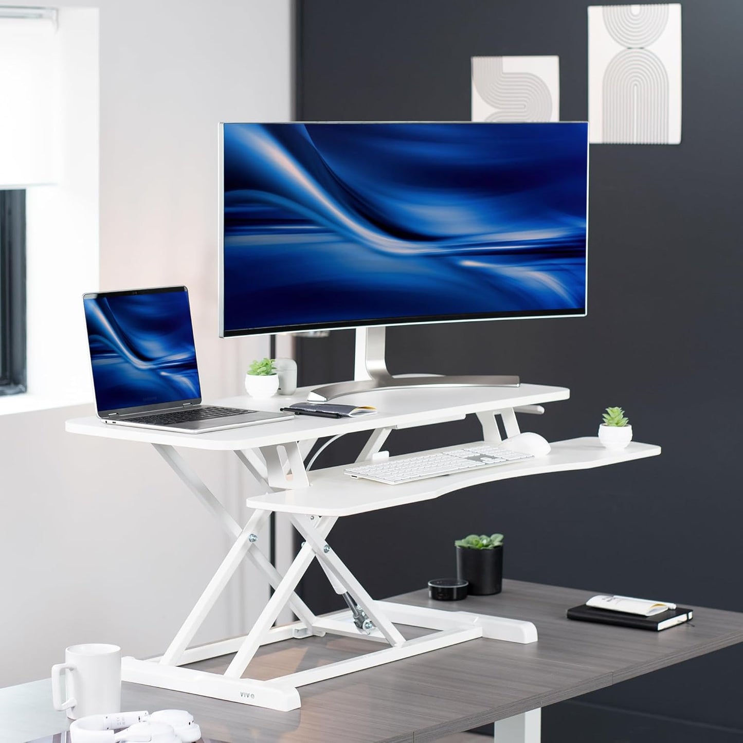 VIVO 26 inch Desk Converter, K Series, Height Adjustable Sit to Stand Riser, Dual Monitor and Laptop Workstation with Keyboard Tray, Black, DESK-V026KB
