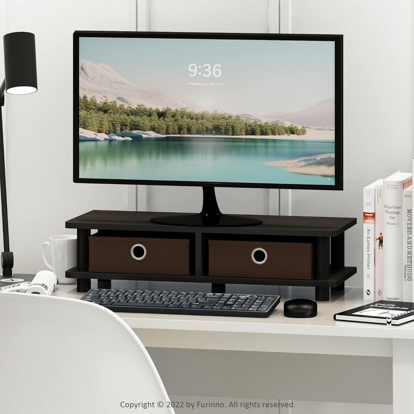 Furinno Turn-N-Tube Corner Monitor Riser Stand with Stainless Steel Tubes, Americano