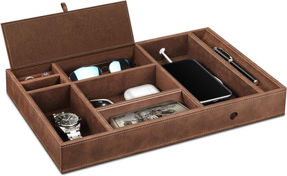 SITHON Valet Tray Desktop Organizer - 8 Compartments Catchall EDC Tray PU Leather Bedside Vanity Nightstand Caddy Coin Box Key Jewelry Storage Organizer, Black