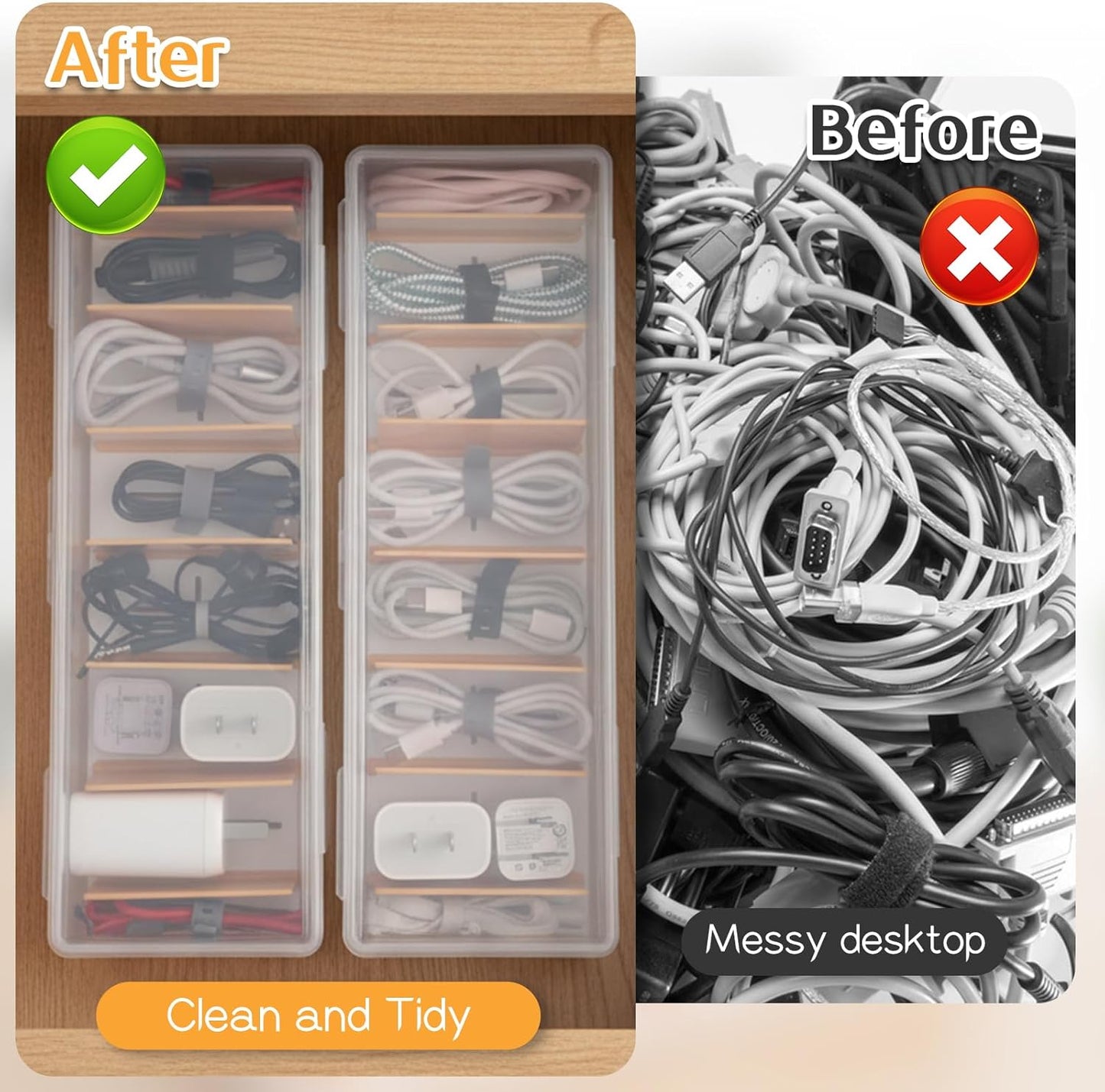 COMNICO 2 Pcs Cable Organizer Box with Lid, Clear Plastic Cord Storage Desk Organizers Desktop Cable Management Multifunctional Accessories for Home Drawer Office