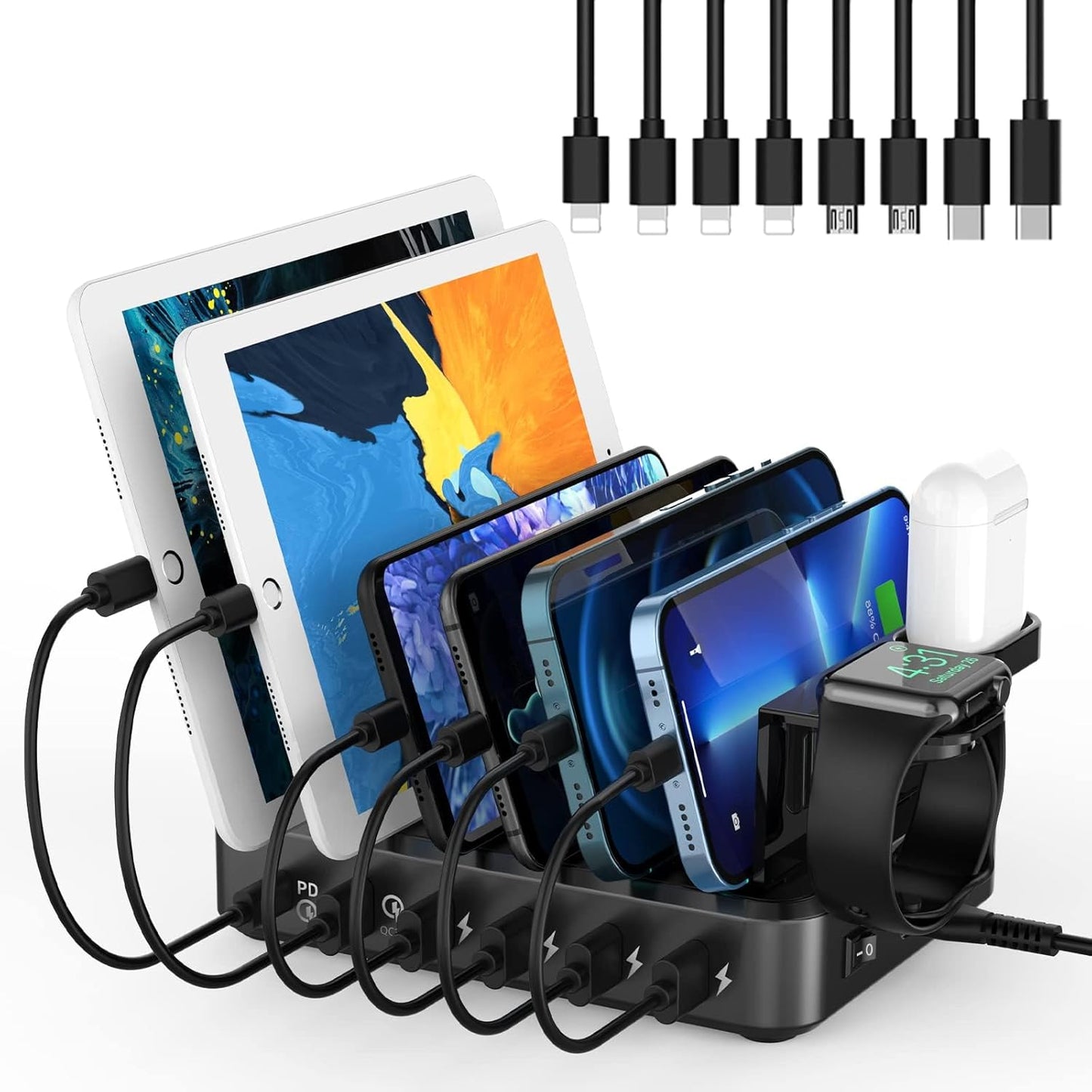 Charging Station for Multiple Devices,60W 6 Port Charger Station with 7 Mixed Charging Cables,USB Charging Dock,Compatible with Cellphone,Tablet, Kindle, iPhone iPad and More (White)