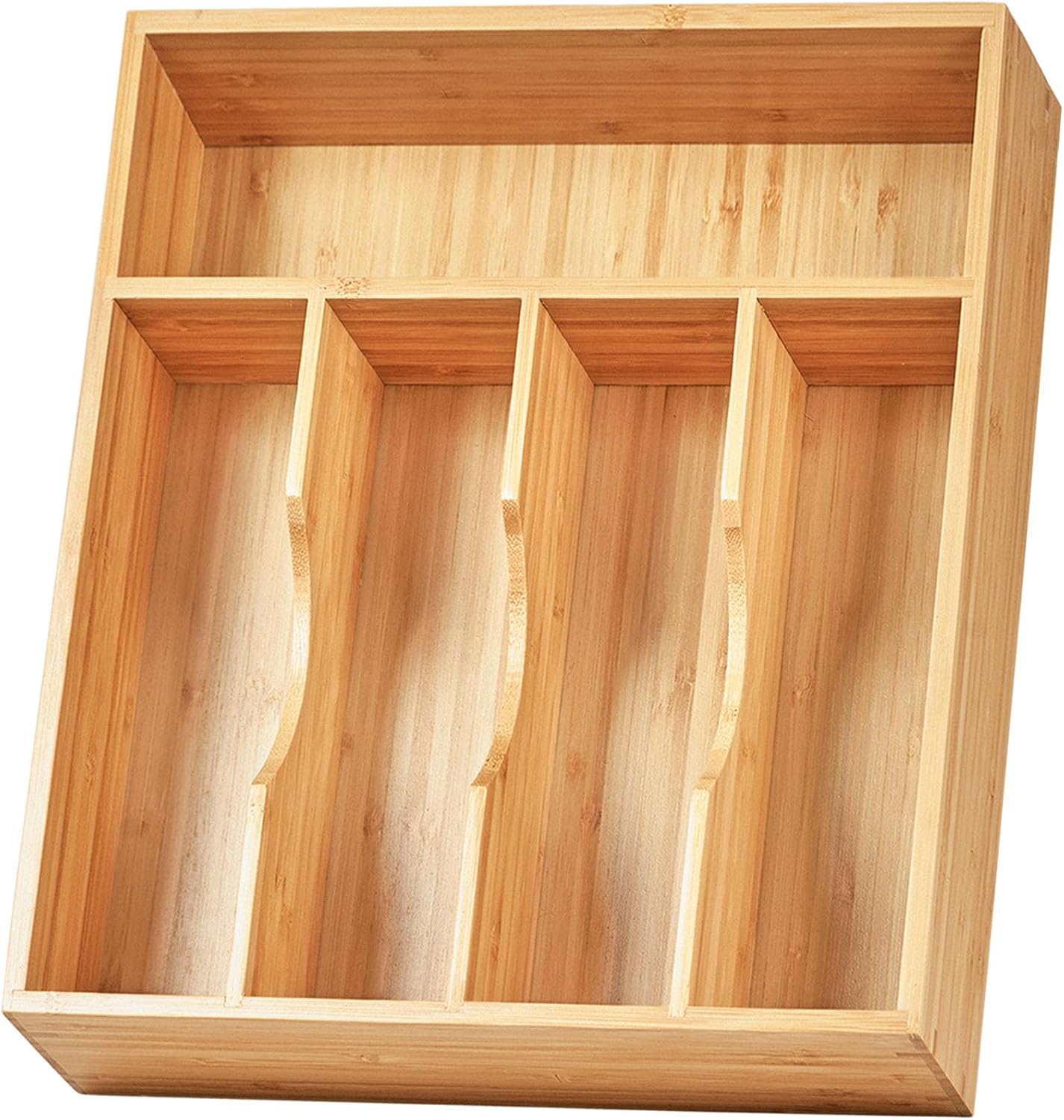 Umilife Bamboo Kitchen Drawer Organizer, 13 Inch Silverware Utensil Tray Holder, Extra Deep Grooved Drawer Divider, 7 Slots Total Bamboo Wood Caddy for Flatware Cutlery Knives, Forks, Spoons