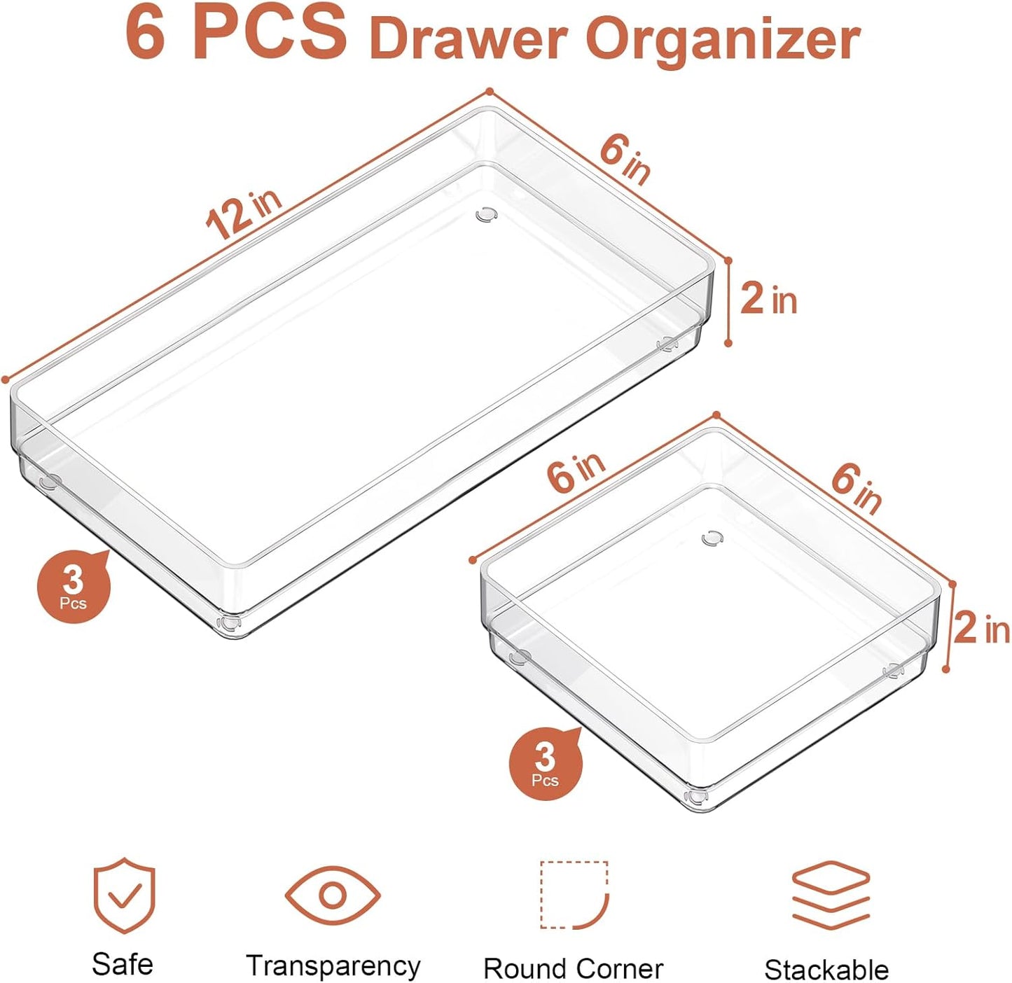 SMARTAKE 6 PCS Clear Plastic Drawer Organizers Set, Large Size Non-Slip Desk Drawer Organizer, Versatile Bathroom and Vanity Drawer Organizer Trays for Makeup, Bedroom, Office, Kitchen Utensils