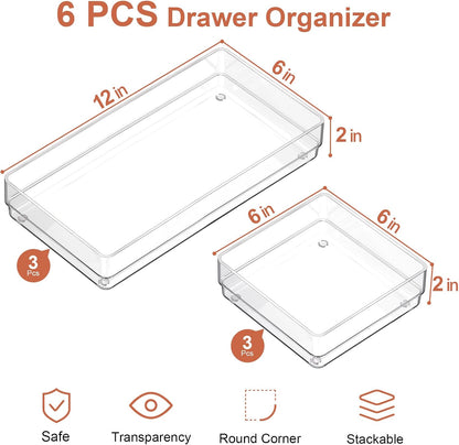 SMARTAKE 6 PCS Clear Plastic Drawer Organizers Set, Large Size Non-Slip Desk Drawer Organizer, Versatile Bathroom and Vanity Drawer Organizer Trays for Makeup, Bedroom, Office, Kitchen Utensils