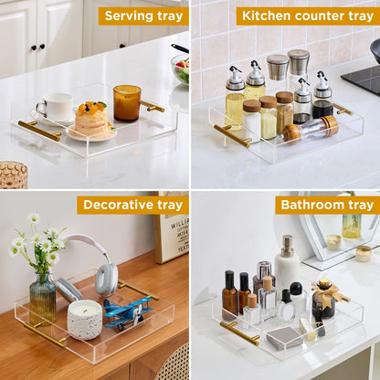12"x16" Clear Acrylic Serving Tray with Golden Handles, Sturdy Huge Capacity Acrylic Tray for Coffee, Juice, Kitchen and Desk Organizer, Storage Tray (12"x16")