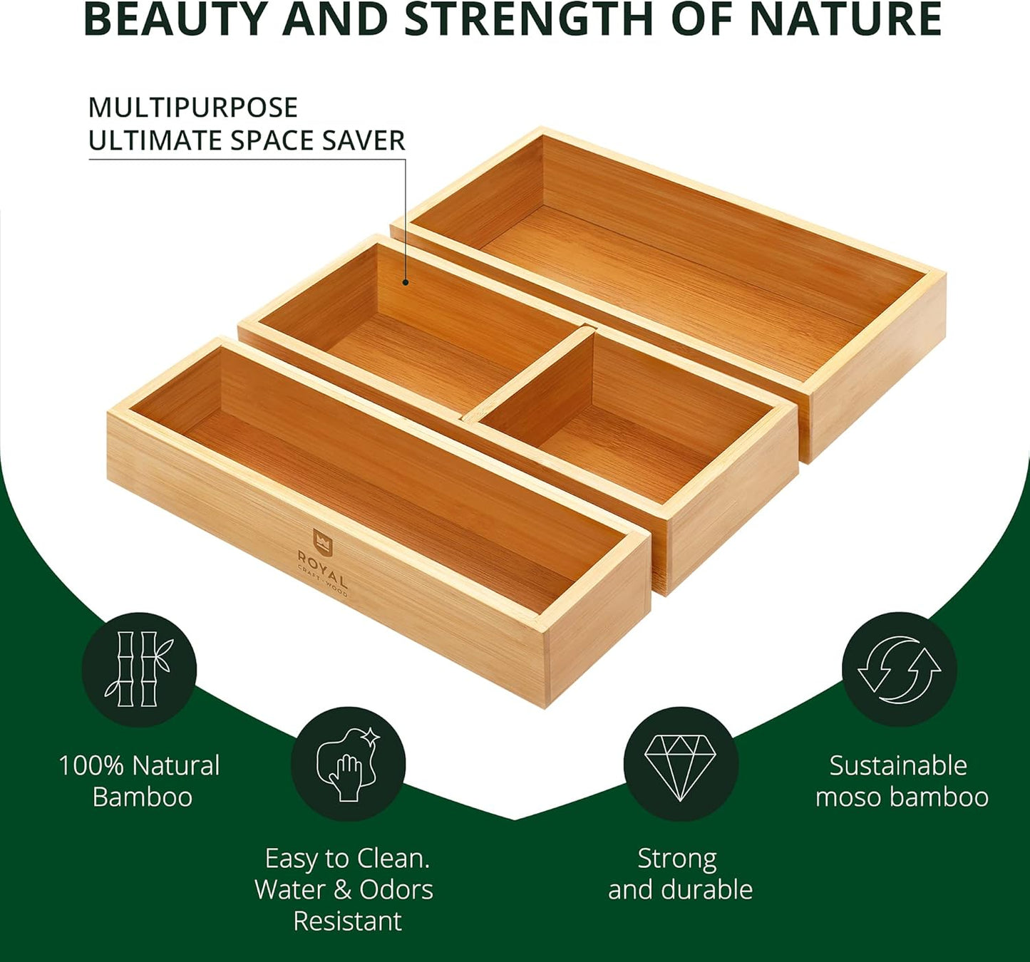 ROYAL CRAFT WOOD 5-Piece Bamboo Drawer Organizer Set – Multi-Use Storage Trays for Kitchen, Bathroom, Office, Makeup, Jewelry & More – Junk Drawer Tray, Utensil Holder, Storage Box & Bin Set (5 Boxes)