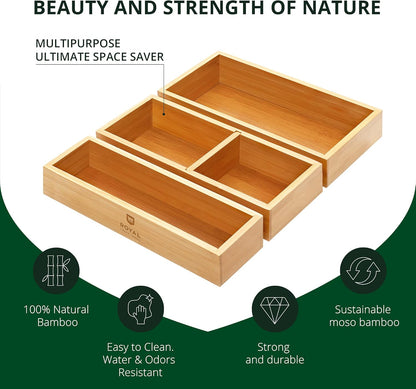 ROYAL CRAFT WOOD 5-Piece Bamboo Drawer Organizer Set – Multi-Use Storage Trays for Kitchen, Bathroom, Office, Makeup, Jewelry & More – Junk Drawer Tray, Utensil Holder, Storage Box & Bin Set (5 Boxes)