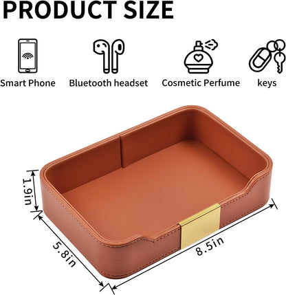 Luxury Leather Valet Tray Desktop Storage Organizer,Bedside Vanity Catchall Tray Nightstand Caddy Holder for Cosmetic,Jewelry,Watch,Keys,Phone,Wallet,Remote Controller,Pen,Black