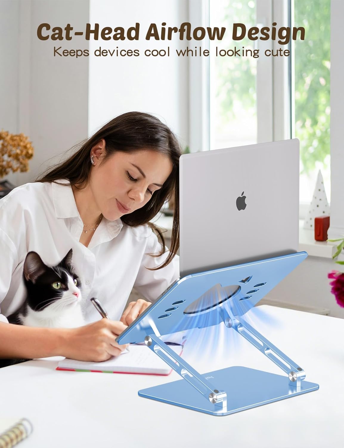 Aoviho Laptop Stand for Desk – Adjustable Aluminum Laptop Riser with Unique Cat-Shaped Cooling Vent, Portable Desk Gift & Decor, Compatible with MacBook Air Pro, Dell, HP, Lenovo (10"-17.3"), Black