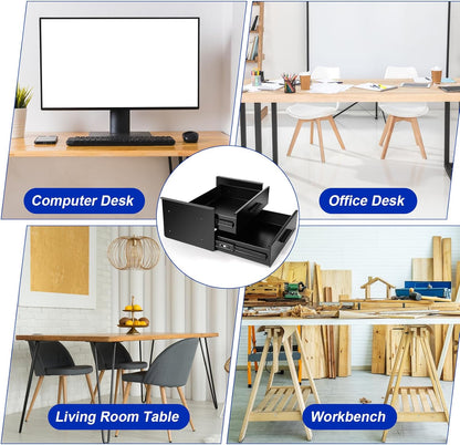 Menkxi 16 inch Under Desk Drawer Storage Pull out Storage Organizer Mounted Metal Sliding Hidden Under Counter Drawer Vertically Stacked for Office Sit Stand Workstation (Black,2 Layer)