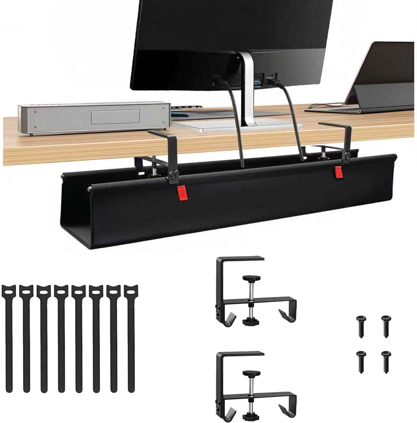 No Drill Cable Management Under Desk, 36" Cord Organizer for Table, Clamp/Screw Mount Cable Tray, Premium Black Fabric Desk Cord Management Tray for Office, Home (Large (36 Inch))