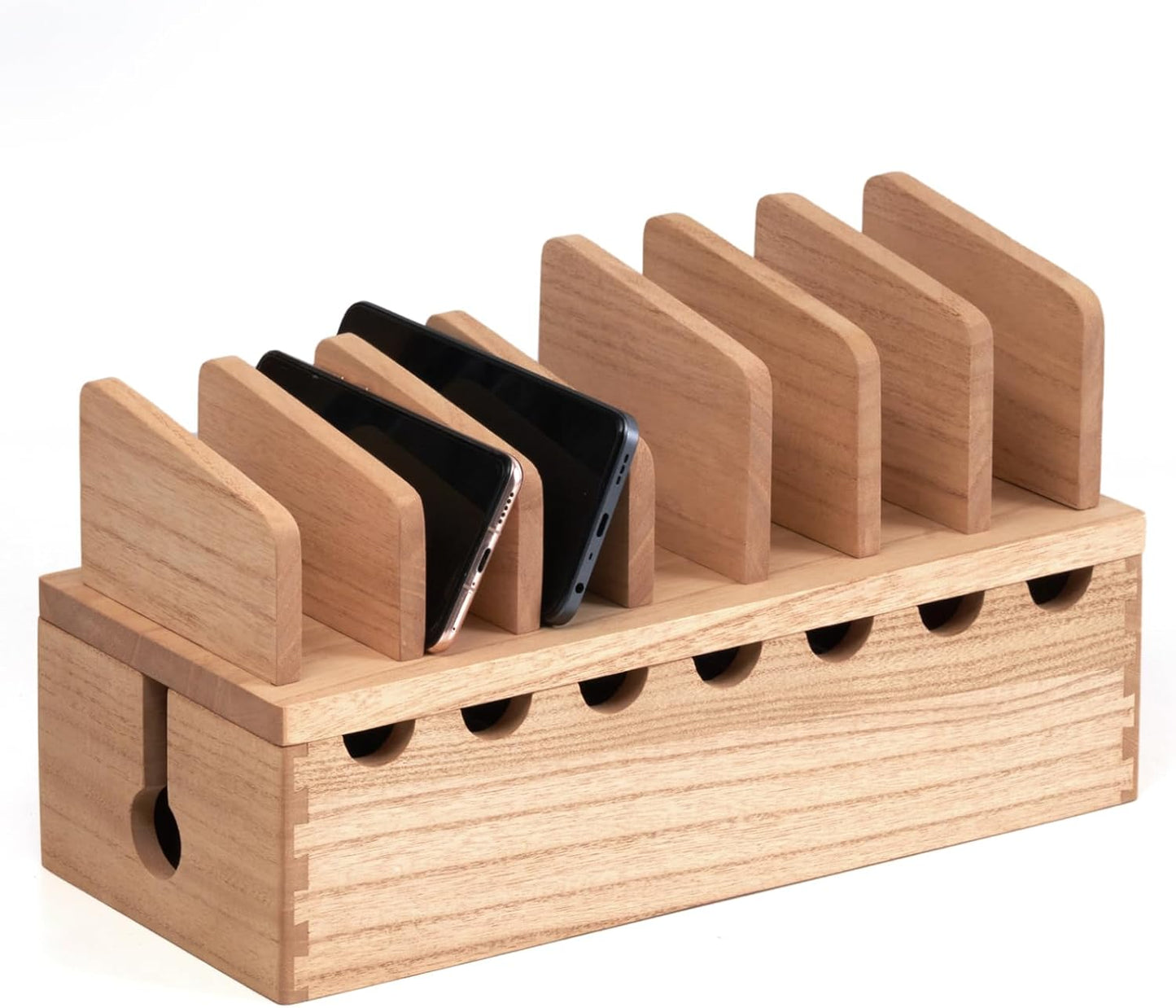 KIRIGEN Charging Station Organizer for Multiple Devices Desktop Organizer Wooden Cable Management with 7 Ports for Cell Phones, Tablets, Earphones GDXH-DBR