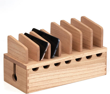 KIRIGEN Charging Station Organizer for Multiple Devices Desktop Organizer Wooden Cable Management with 7 Ports for Cell Phones, Tablets, Earphones GDXH-DBR