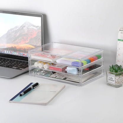 BTSKY Clear Acrylic Drawer Organizer, Stackable Container with 2 Narrow + 1 Large Drawers, Desk Organizer for Stationery Study Essentials Makeup Jewelry, Multipurpose Storage Box for Office and Home