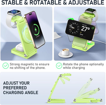 Magnetic Wireless Charger Stand, 3 in 1 Foldable Wireless Charging Station with 20W Adapter, Travel Charger for Multiple Devices for iPhone 17 16 15 14 13 12 Pro/Max/Plus/Mini, iWatch, AirPods