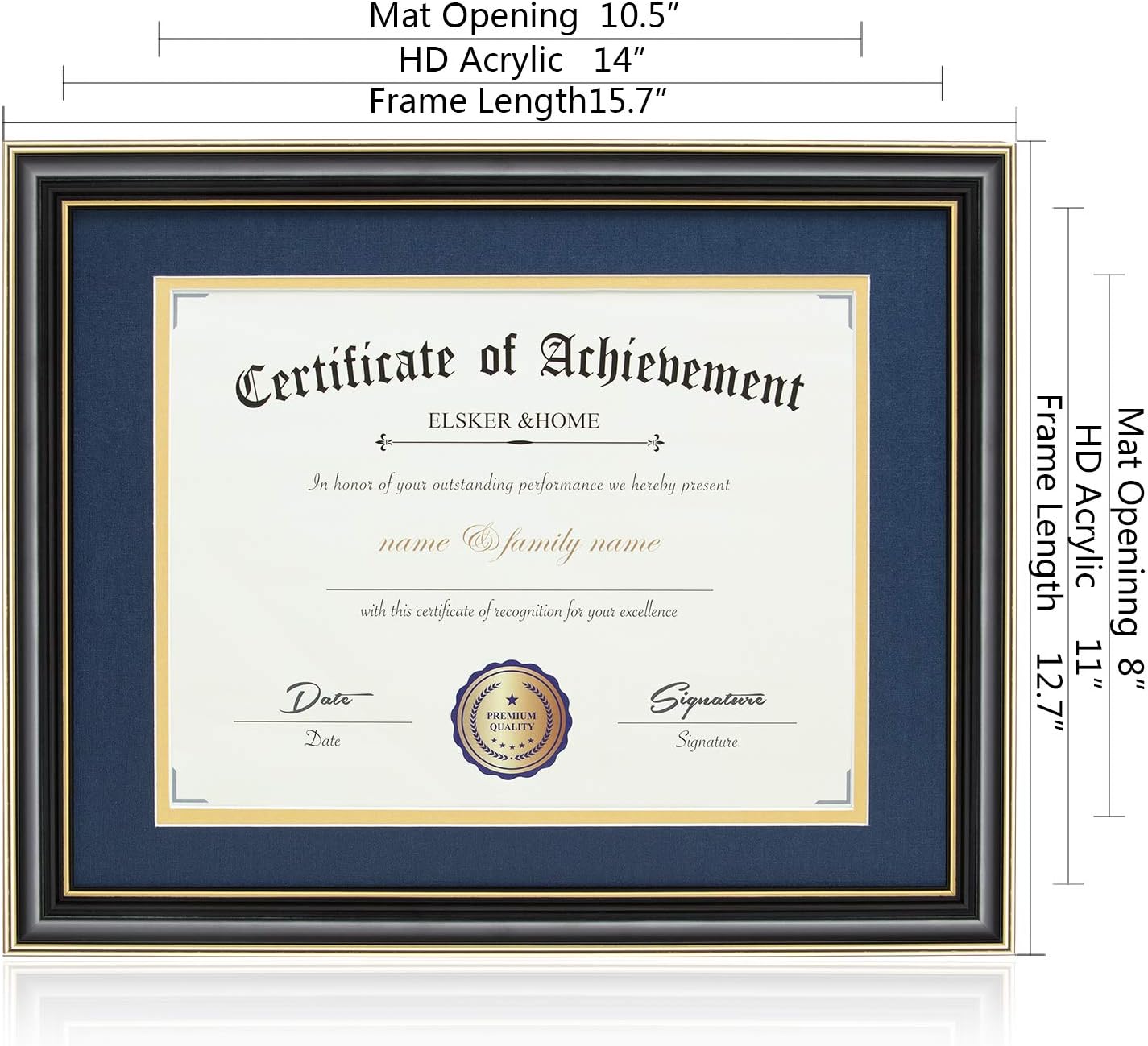 ELSKER&HOME Diploma Frame - Wide Solid Wood Frame - Black Velvet Golden Rim Mat - Semi-Tempered Glass - Includes Hanging Hardware and Desktop Easel(ONLY Display 11×14 Document/Certificate)
