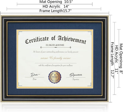 ELSKER&HOME Diploma Frame - Wide Solid Wood Frame - Black Velvet Golden Rim Mat - Semi-Tempered Glass - Includes Hanging Hardware and Desktop Easel(ONLY Display 11×14 Document/Certificate)