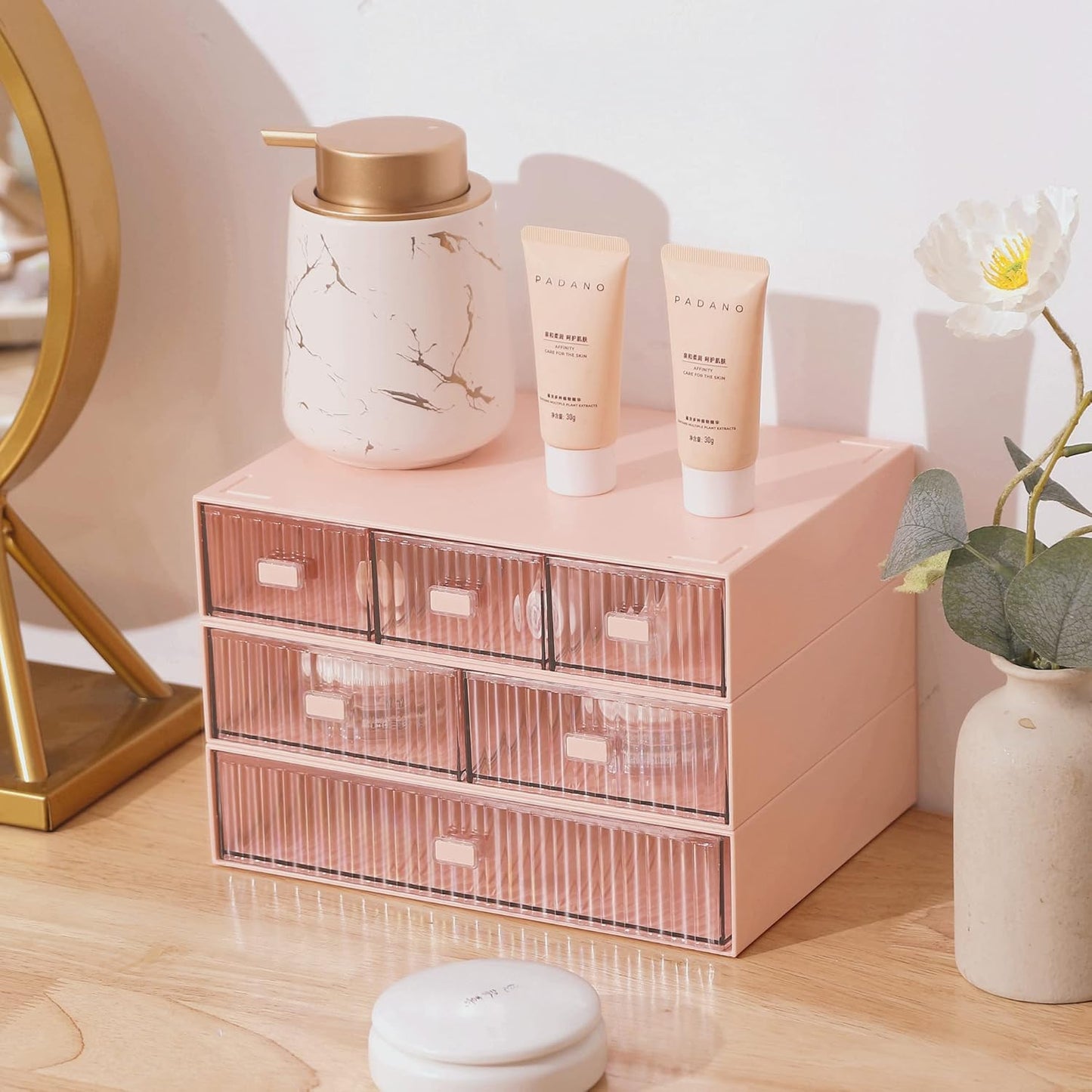 Desk Organizer Stackable Storage with 6 Drawers Stackable Drawers for Desk Storage, Makeup Storage Accessories, Desktop Accessories with Drawers, White