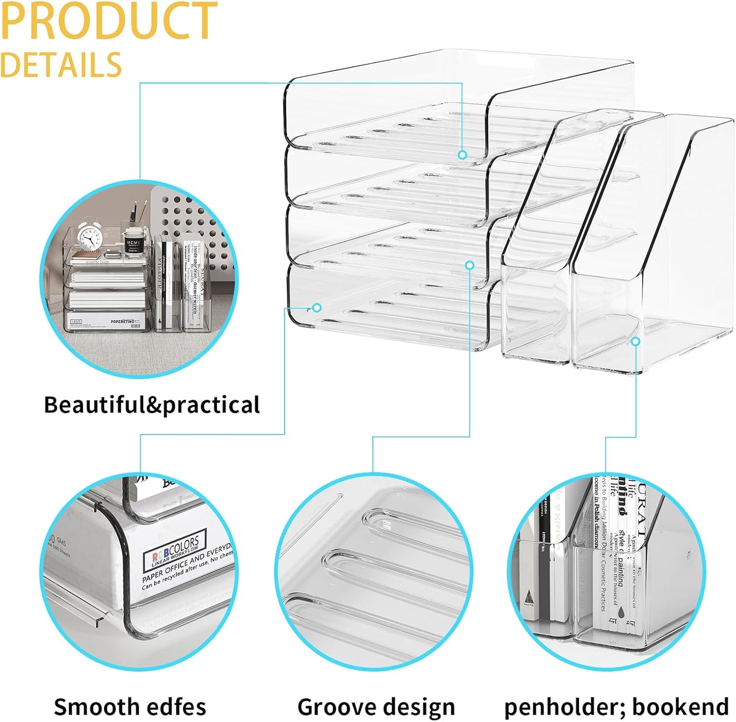 FANXIYQ 4-Tier Horizontal Acrylic Paper Tray Organizer with Bookends | Clear Stackable Desk Organizer for Documents, Letters, A4 Paper | Modern Office/Classroom/Home Organization