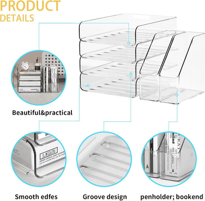 FANXIYQ 4-Tier Horizontal Acrylic Paper Tray Organizer with Bookends | Clear Stackable Desk Organizer for Documents, Letters, A4 Paper | Modern Office/Classroom/Home Organization