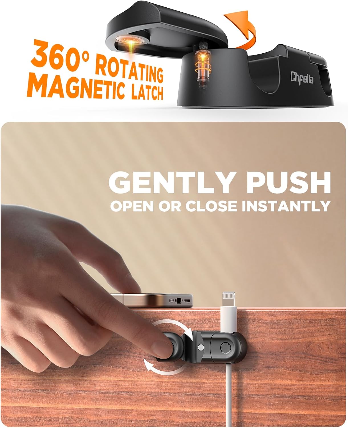 Magnetic Cable Clips - Chfeila 4Pack [Dual Slot] [360°Rotating & Twist-Lock] Cord Management, Adhesive Phone Charging Keeper, Wire Organizer Holder for Nightstand, Home Office Desk Accessories Decor