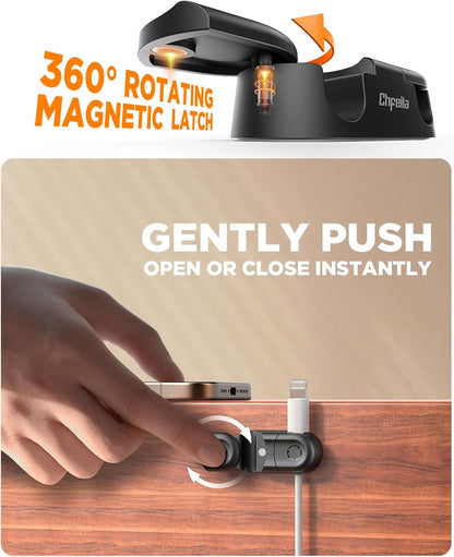 Magnetic Cable Clips - Chfeila 4Pack [Dual Slot] [360°Rotating & Twist-Lock] Cord Management, Adhesive Phone Charging Keeper, Wire Organizer Holder for Nightstand, Home Office Desk Accessories Decor