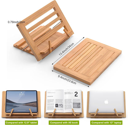 Wooden Desktop Book Stands, Adjustable Book Stand for Reading, Pezin & Hulin Cook Book Holder Seat, Bamboo Foldable Riser for Tablet, Recipe, Laptop with Page Clips
