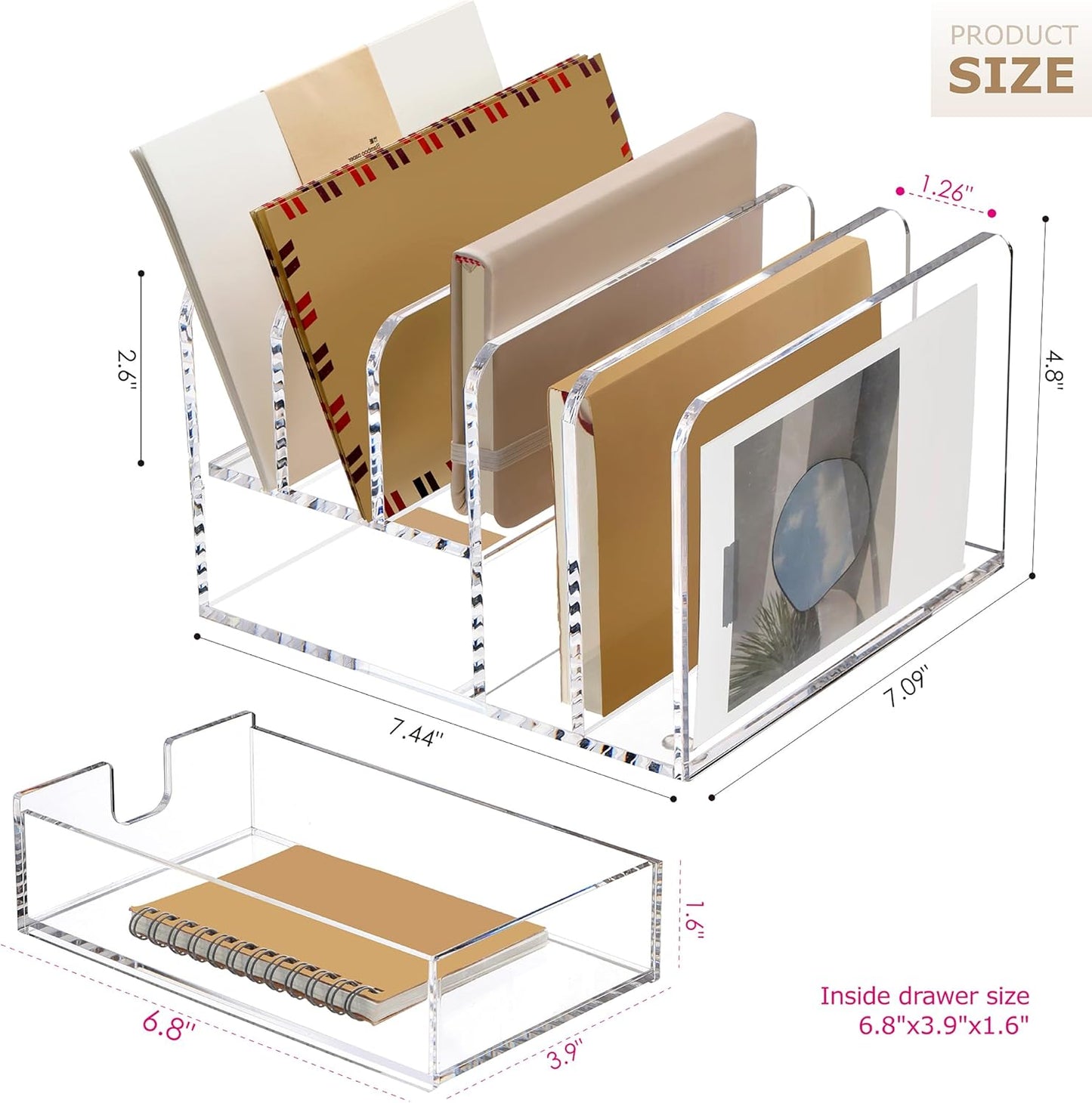 SANRUI 5 Compartments Acrylic Mail Sorter Holder, Clear Document Magazine Envelope File Rack, Vertical Letter Sorter & Multifunction Desk Organizer for Bills, Documents, Notebooks