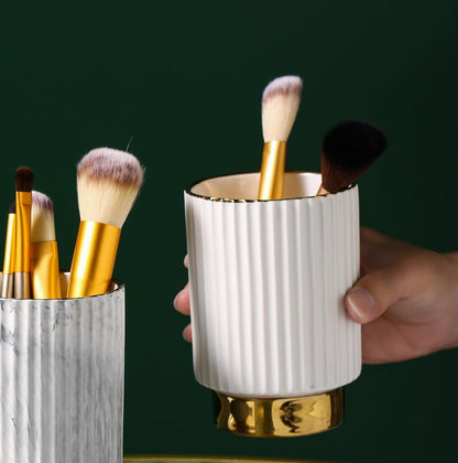 IEEK Makeup Brush Holder Organizer Pen Pencil Cup Glass Make Up Brushes and Toothbrush Organizer for Bathroom Vanity Desktop European Style Striped Brushes Container,Grey and Gold