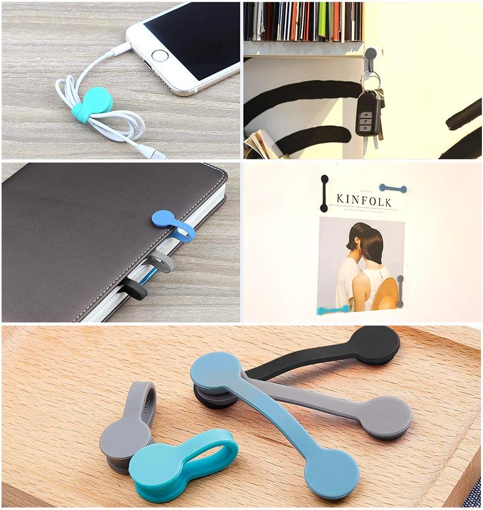 Viaky 6 Packs Magnet Wire Winder Straps, Multi-Colored Noticeboard Fridge Clips Silicone Cable Organizer Reusable Tie Phone Earbuds Bookmark Whiteboard Fridge (Lake Blue, Blue, Gray)