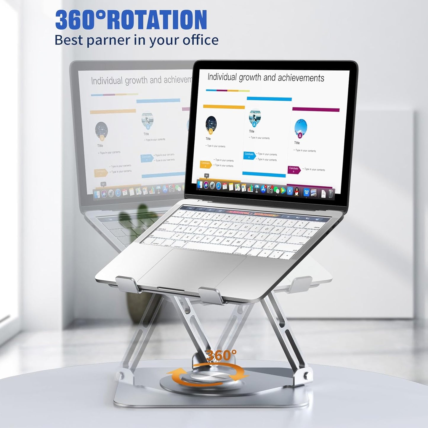 JOYEKY Laptop Stand for Desk, Adjustable Computer Stand with 360° Rotating Base, Ergonomic Laptop Riser for Collaborative Work, Foldable & Portable Laptop Stand, fits for All 10-16" Laptops (Grey)