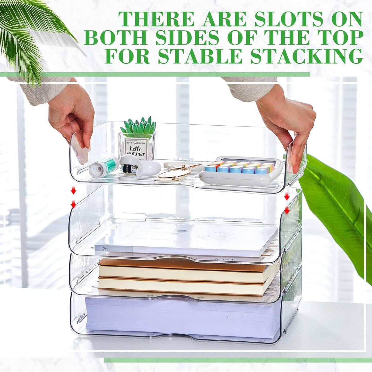 Juexica 4 Pcs Stackable Clear Letter Trays Organizer for Desk A4 Size File Paper Organizer Acrylic Desk Organizer Trays with Anti Skid Bottom for Home Office School (Vertical Opening Style)