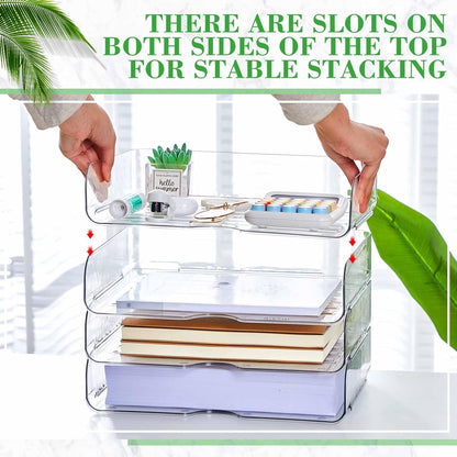 Juexica 4 Pcs Stackable Clear Letter Trays Organizer for Desk A4 Size File Paper Organizer Acrylic Desk Organizer Trays with Anti Skid Bottom for Home Office School (Vertical Opening Style)